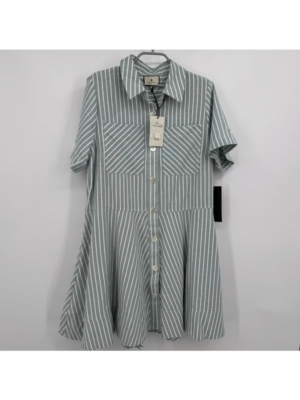 Tuckernuck Celadon Green Stripe Meryl Shirt Dress sz L NWT Fit-and-Flare Mini